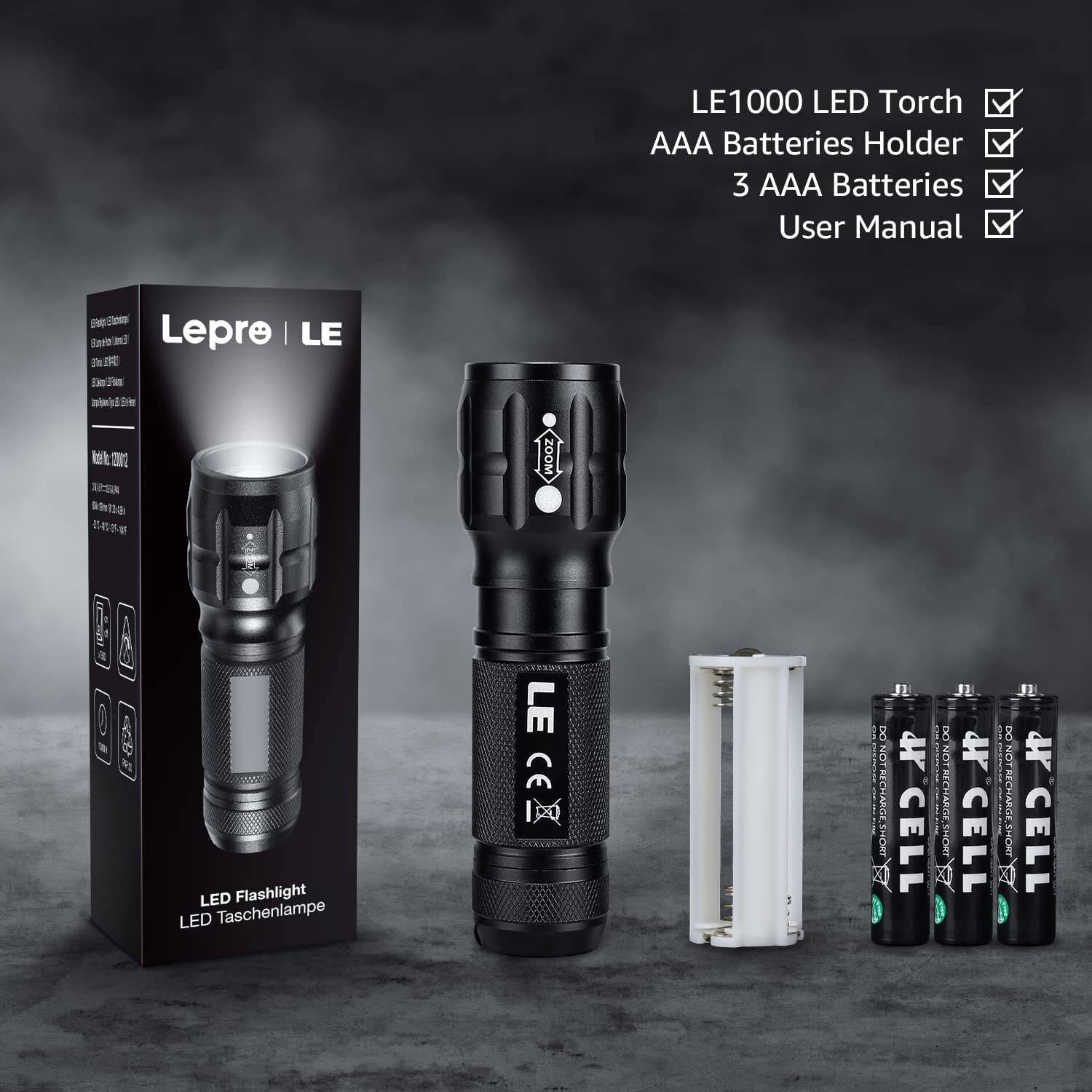 Lepro Portable LED Flashlight – High Lumens, Waterproof (Black, AAA Batteries Included) - Image 8